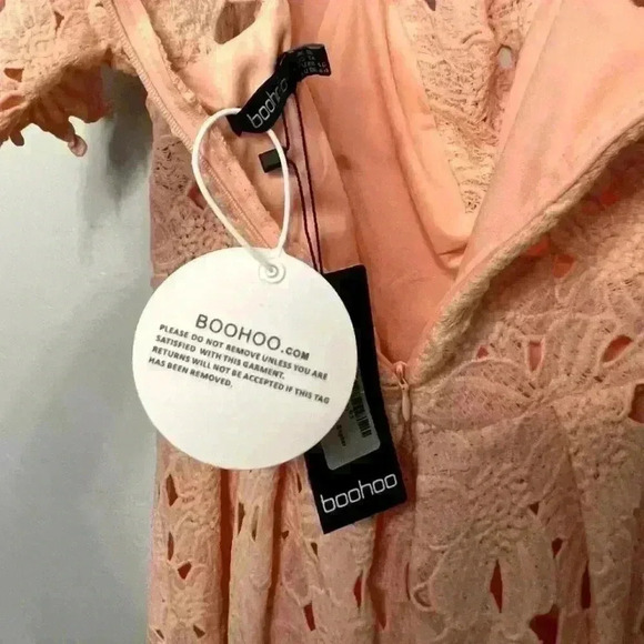 BOOHOO Boutique Off Shoulder Lace Skater Blush Dress NWT Size 14 - Picture 11 of 13